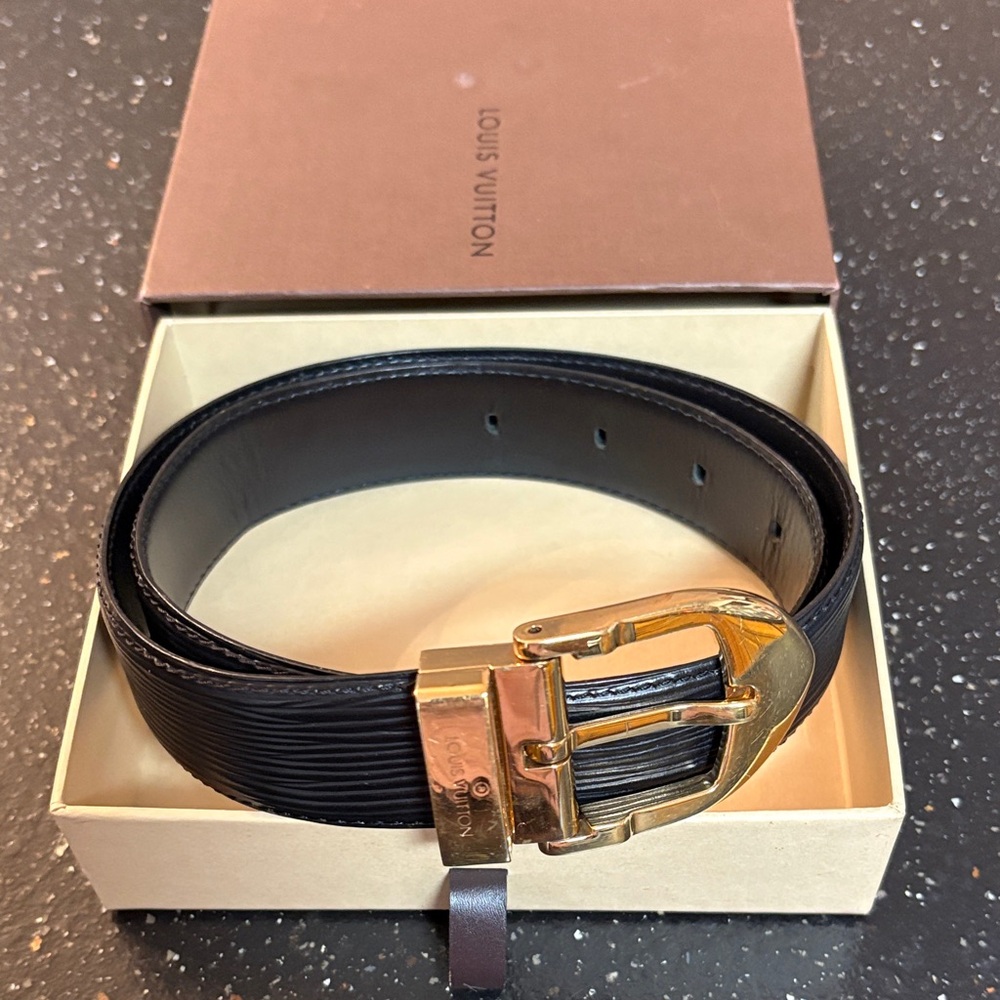 Louis Vuitton Black Leather Belt with Gold Buckle